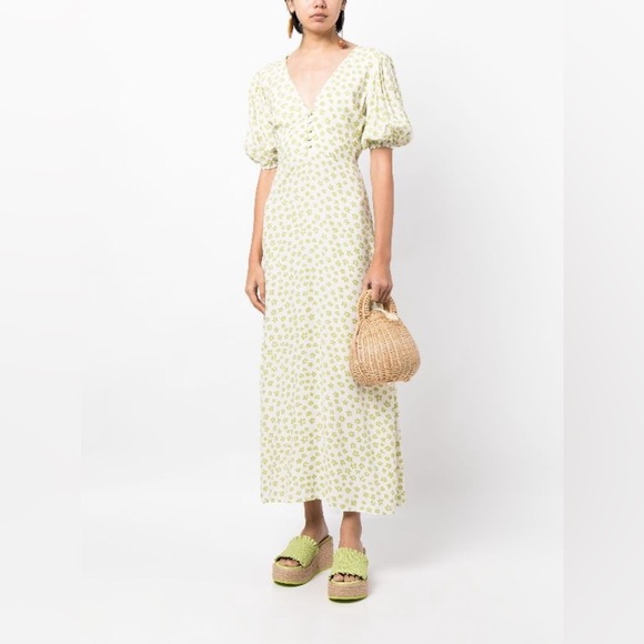 Faithfull the Brand NWT 4 Rubinetti Gita Green Floral Puff Sleeve Midi Dress - Picture 1 of 13